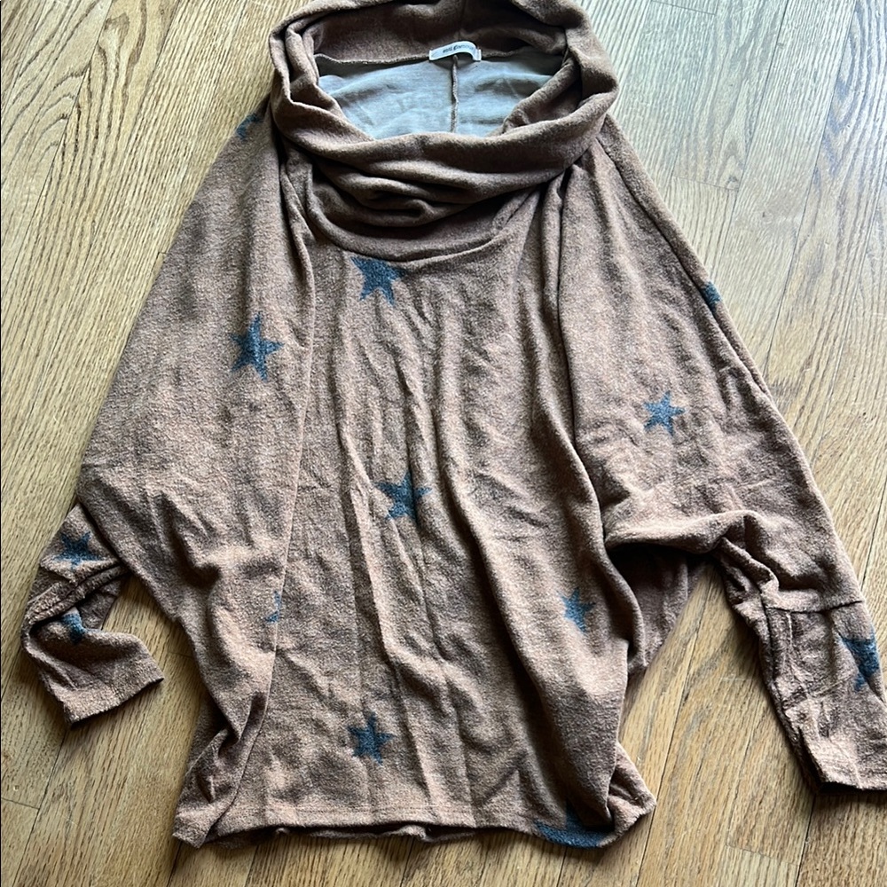 Cozy Star Print Cowl Neck Sweater - Brown with Blue Stars